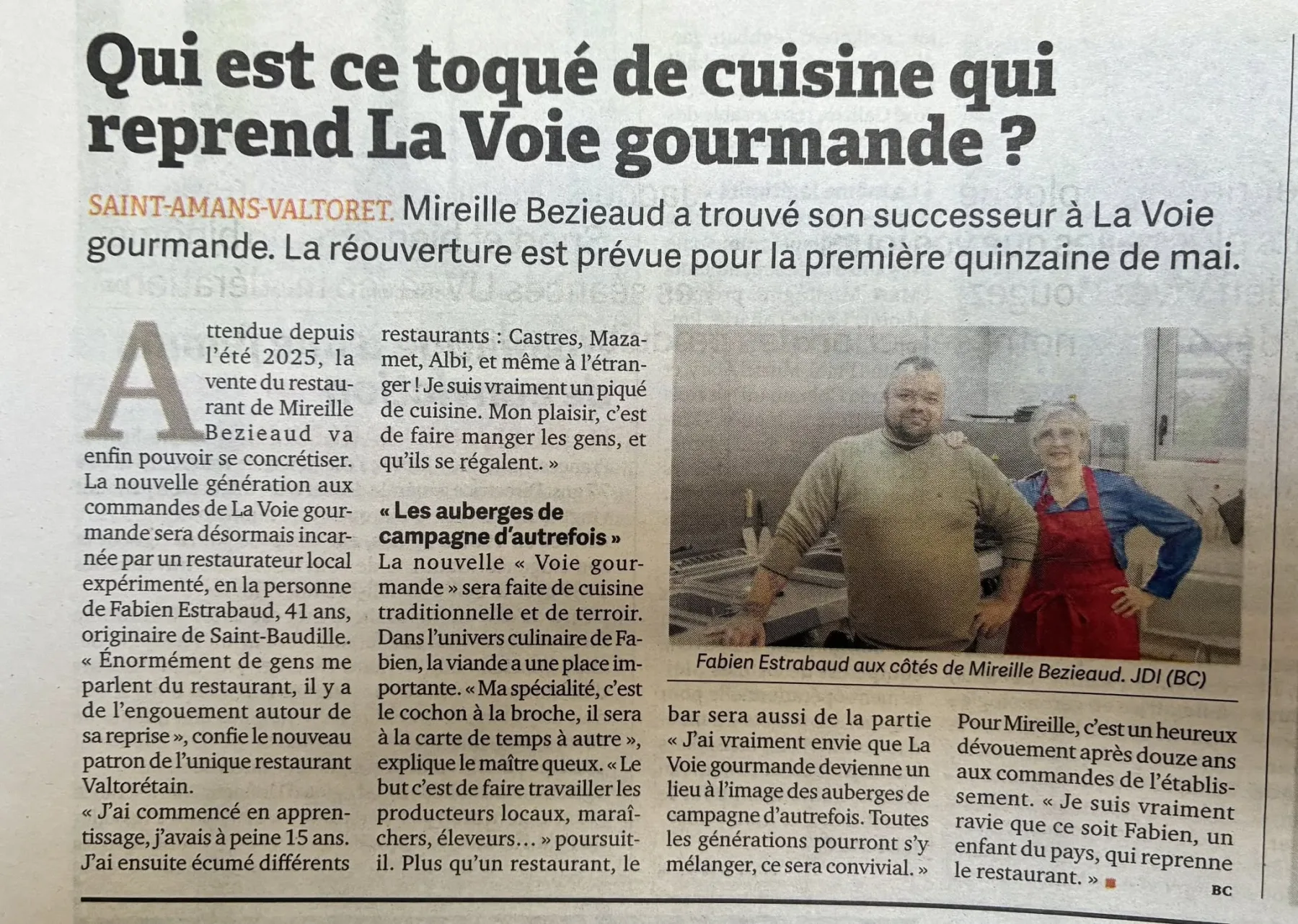 Article de presse sur la reprise du restaurant Chez Fab